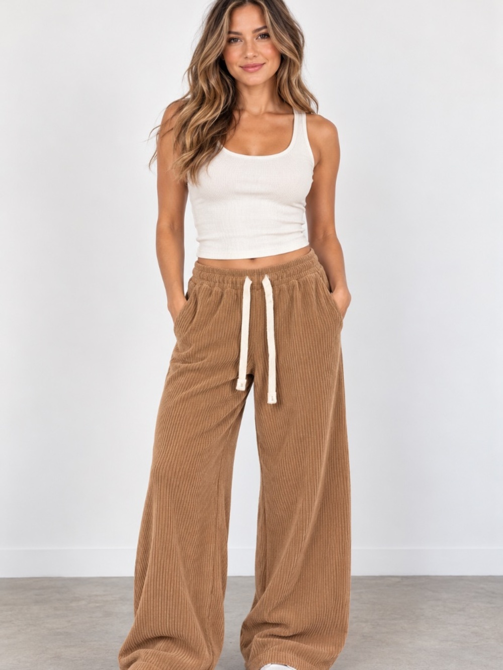 NWT Quemax Brown Corduroy Wide Leg Drawstring Pants Size Large